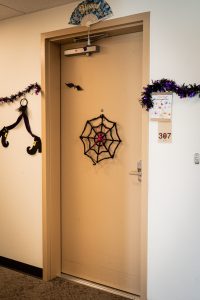 Apartment Door with Halloween decorations